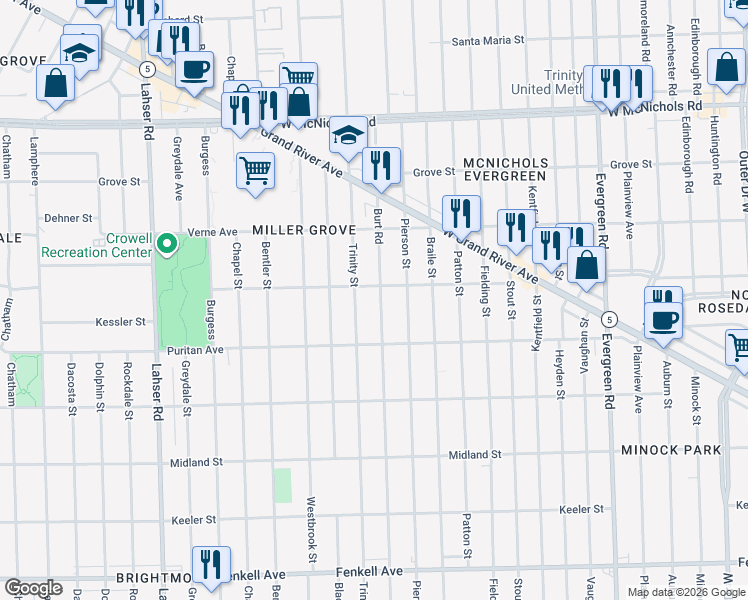 map of restaurants, bars, coffee shops, grocery stores, and more near 16216 Trinity Street in Detroit