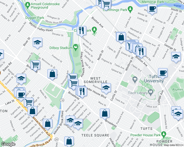 map of restaurants, bars, coffee shops, grocery stores, and more near 80 College Hill Road in Somerville