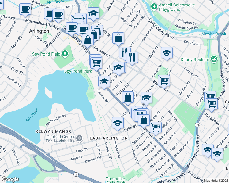 map of restaurants, bars, coffee shops, grocery stores, and more near 295 Massachusetts Avenue in Arlington