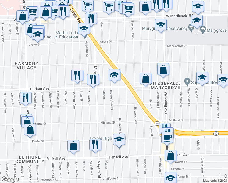 map of restaurants, bars, coffee shops, grocery stores, and more near 10655 Puritan Avenue in Detroit