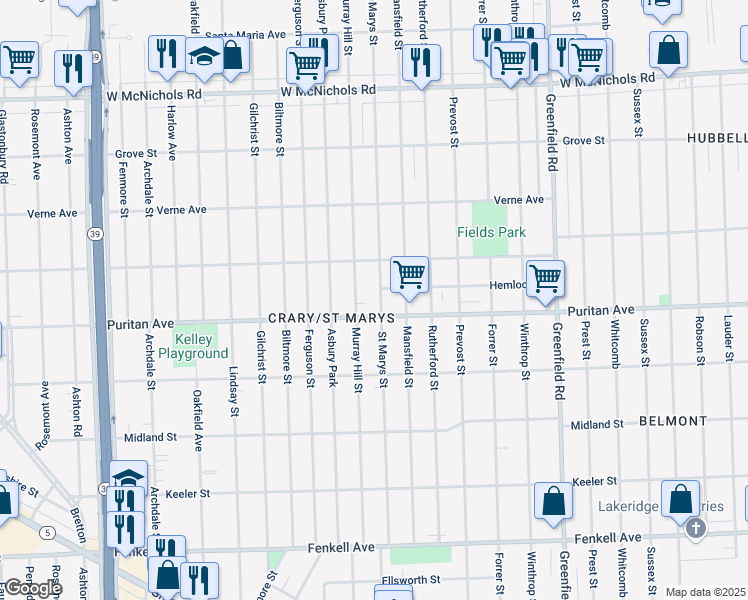 map of restaurants, bars, coffee shops, grocery stores, and more near 16127 Saint Marys Street in Detroit