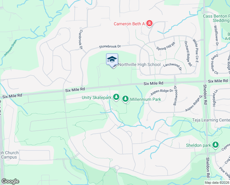 map of restaurants, bars, coffee shops, grocery stores, and more near 45745 Six Mile Road in Northville