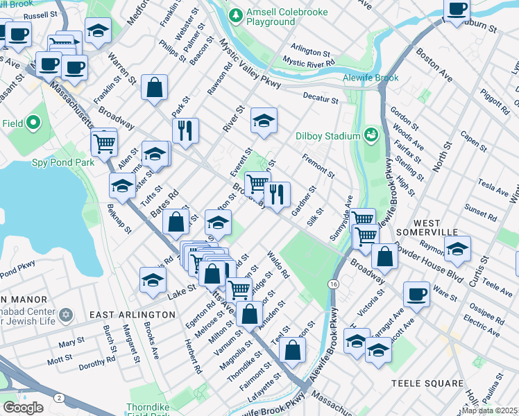 map of restaurants, bars, coffee shops, grocery stores, and more near 88 Broadway in Arlington