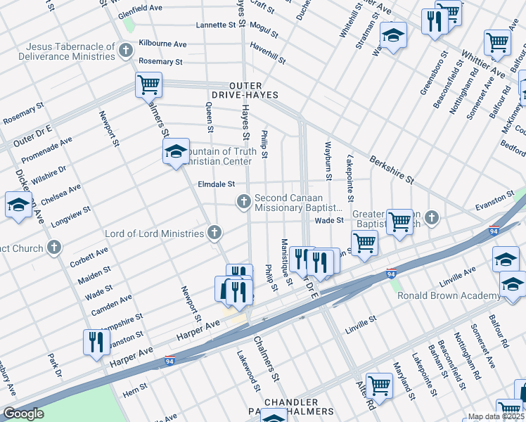 map of restaurants, bars, coffee shops, grocery stores, and more near 9461 Philip Street in Detroit