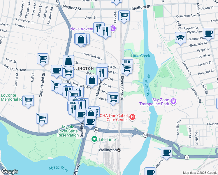 map of restaurants, bars, coffee shops, grocery stores, and more near 35 4th Street in Medford