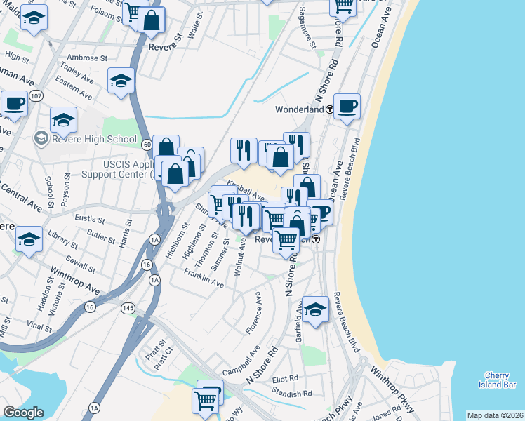 map of restaurants, bars, coffee shops, grocery stores, and more near 592 Beach Street in Revere