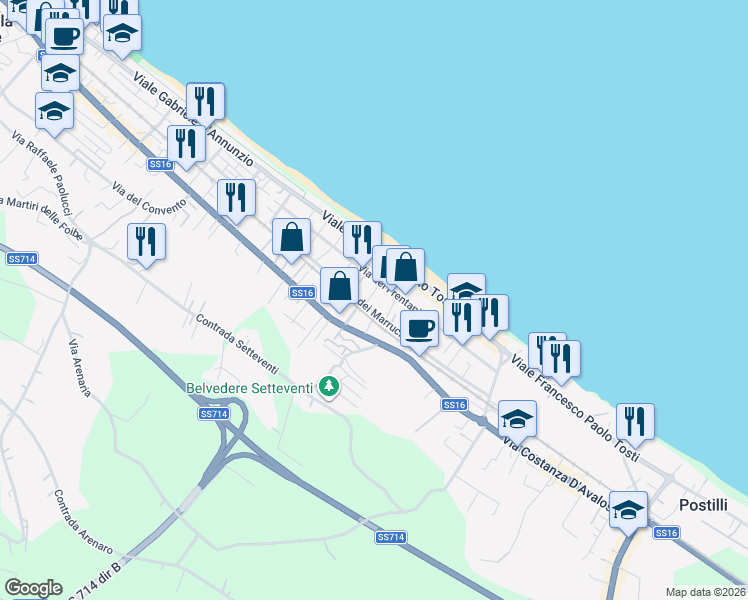 map of restaurants, bars, coffee shops, grocery stores, and more near 27 Via dei Marrucini in Francavilla Al Mare