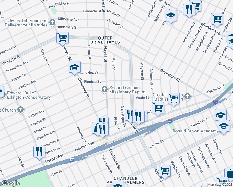 map of restaurants, bars, coffee shops, grocery stores, and more near 9461 Philip Street in Detroit