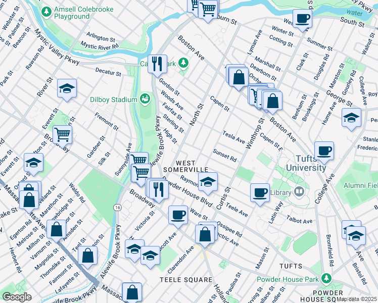 map of restaurants, bars, coffee shops, grocery stores, and more near 121 North Street in Somerville