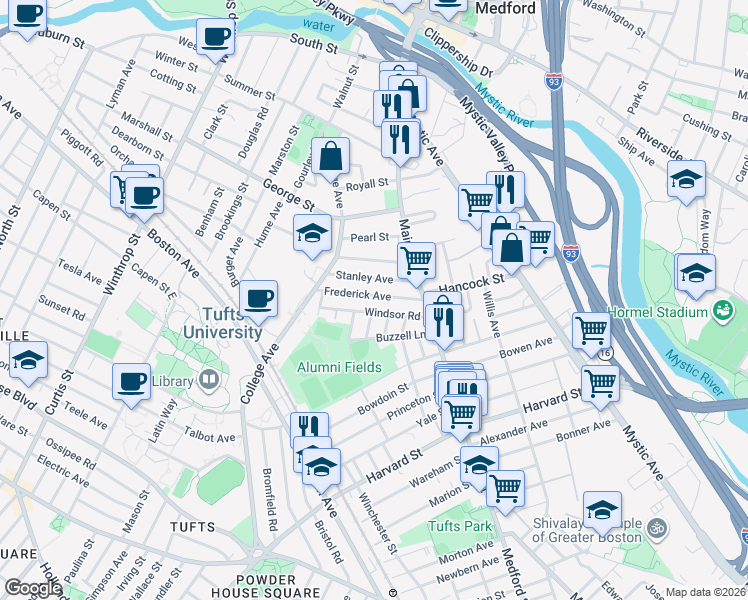 map of restaurants, bars, coffee shops, grocery stores, and more near 61 Frederick Avenue in Medford