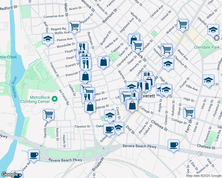 map of restaurants, bars, coffee shops, grocery stores, and more near 38 Bucknam Street in Everett