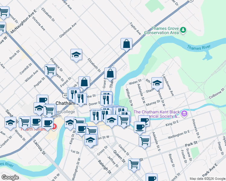 map of restaurants, bars, coffee shops, grocery stores, and more near 152 Thames Street in Chatham-Kent