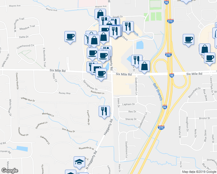 map of restaurants, bars, coffee shops, grocery stores, and more near 39617 Springwater Drive in Northville