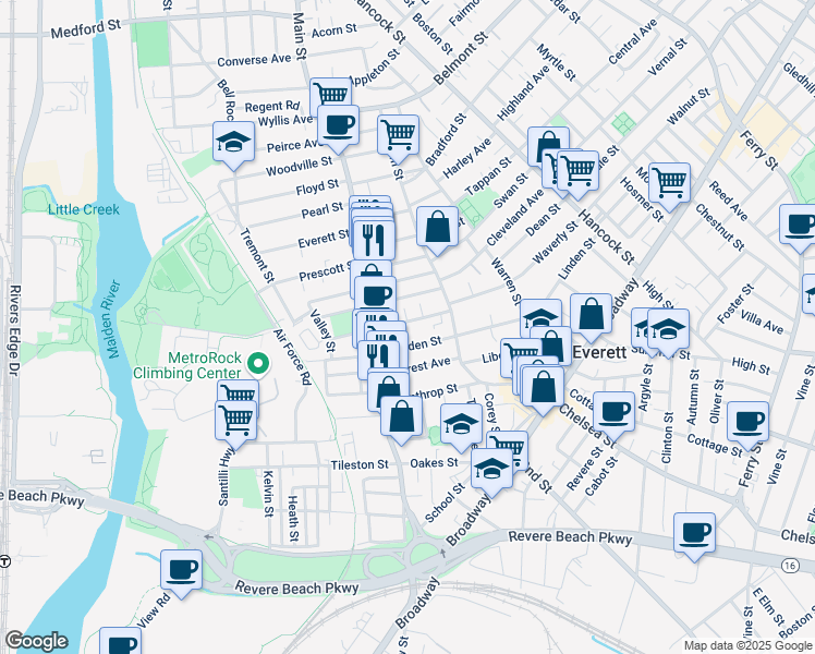 map of restaurants, bars, coffee shops, grocery stores, and more near 74 Baldwin Avenue in Everett