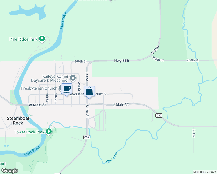 map of restaurants, bars, coffee shops, grocery stores, and more near 208 East Market Street in Steamboat Rock