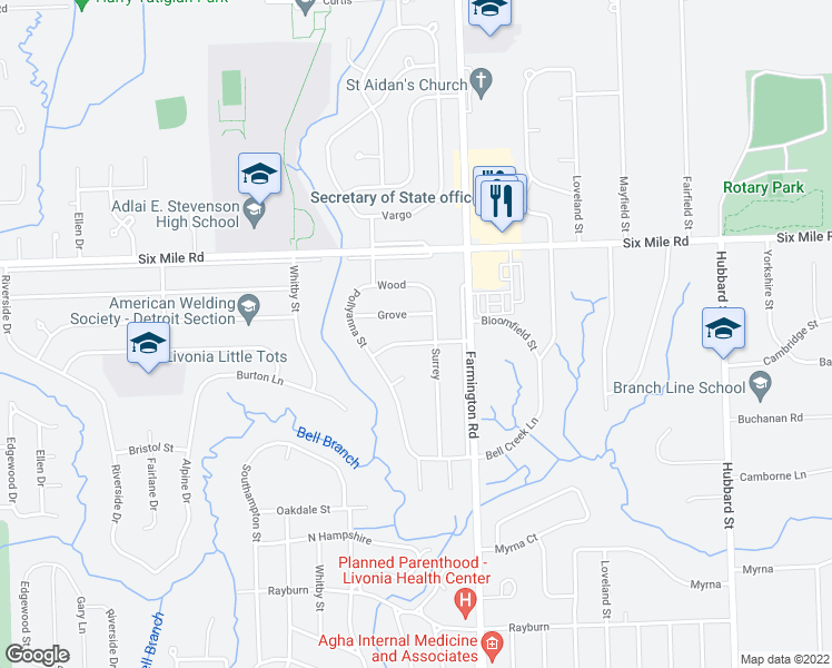 map of restaurants, bars, coffee shops, grocery stores, and more near 16845 Surrey in Livonia