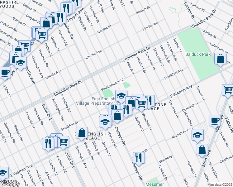 map of restaurants, bars, coffee shops, grocery stores, and more near 17200 Southampton Street in Detroit