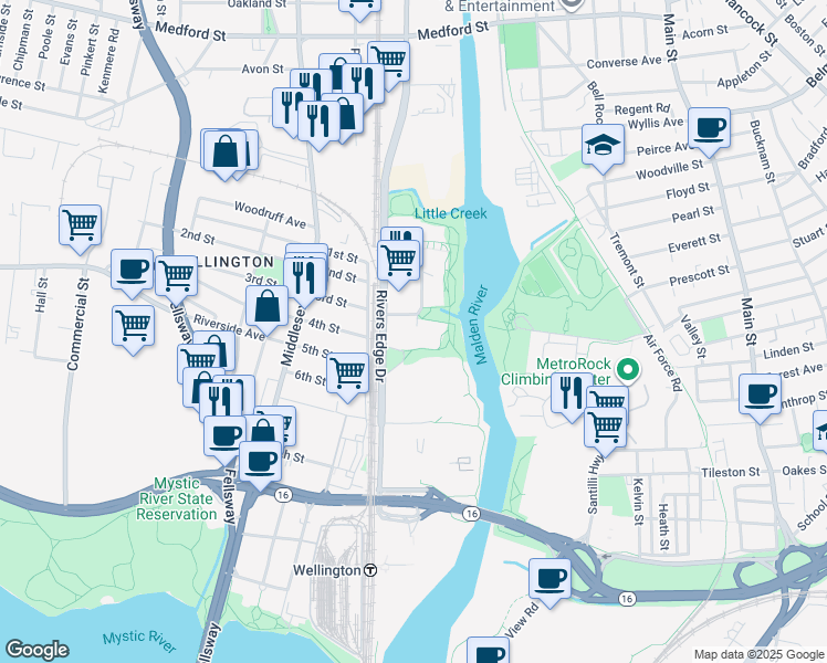 map of restaurants, bars, coffee shops, grocery stores, and more near 100 Rivers Edge Drive in Medford