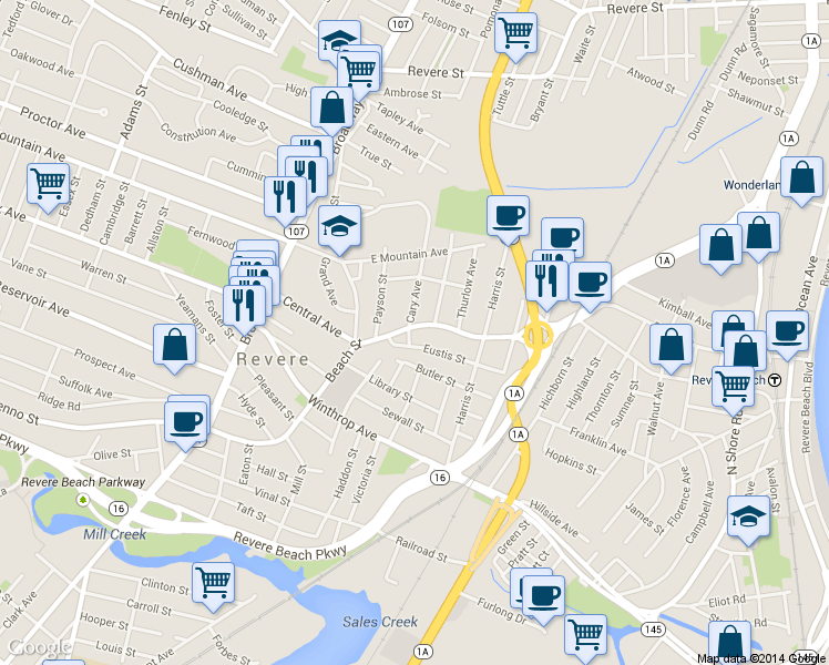 map of restaurants, bars, coffee shops, grocery stores, and more near 270 Beach Street in Revere