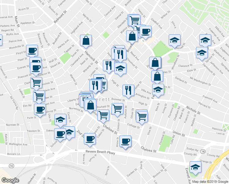 map of restaurants, bars, coffee shops, grocery stores, and more near 6 Hampshire Street in Everett