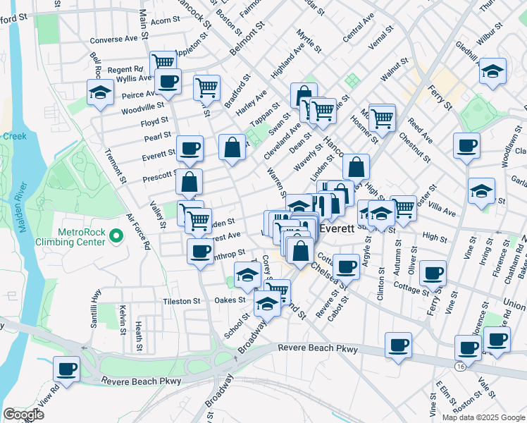 map of restaurants, bars, coffee shops, grocery stores, and more near 2 Linden Place in Everett