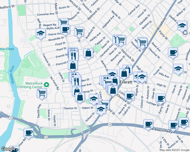 map of restaurants, bars, coffee shops, grocery stores, and more near 38 Bucknam Street in Everett