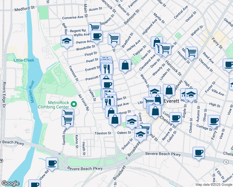map of restaurants, bars, coffee shops, grocery stores, and more near 74 Baldwin Avenue in Everett