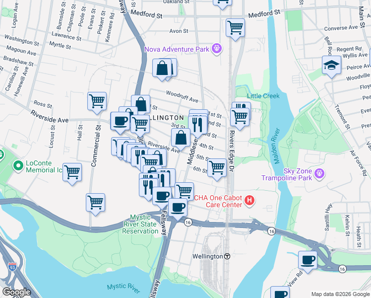 map of restaurants, bars, coffee shops, grocery stores, and more near 56 4th Street in Medford
