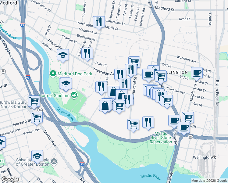 map of restaurants, bars, coffee shops, grocery stores, and more near 34 Linden Street in Medford