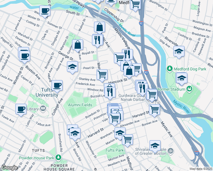 map of restaurants, bars, coffee shops, grocery stores, and more near 10 Hancock Street in Medford