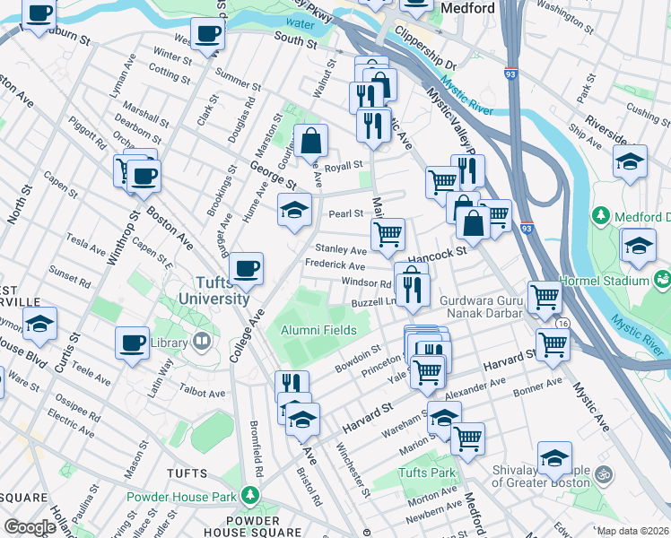 map of restaurants, bars, coffee shops, grocery stores, and more near 61 Frederick Avenue in Medford