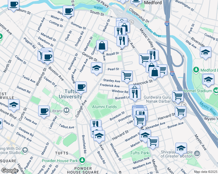 map of restaurants, bars, coffee shops, grocery stores, and more near 61 Frederick Avenue in Medford