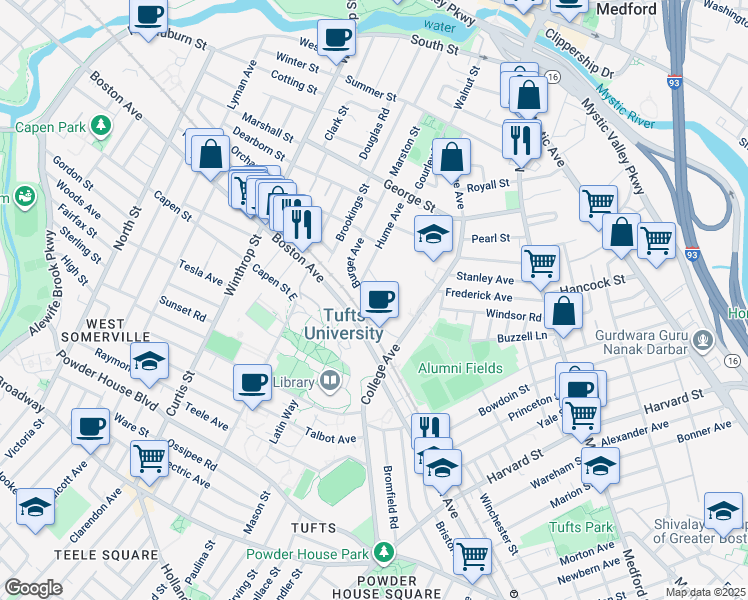 map of restaurants, bars, coffee shops, grocery stores, and more near 34 Sunset Avenue in Medford