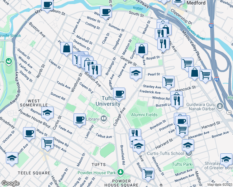 map of restaurants, bars, coffee shops, grocery stores, and more near 34 Sunset Avenue in Medford