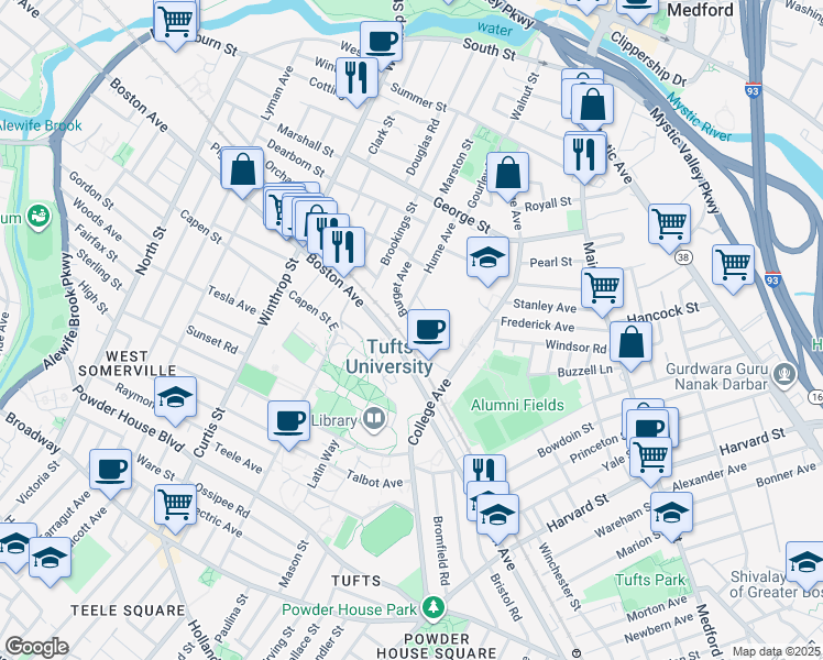 map of restaurants, bars, coffee shops, grocery stores, and more near 113 Burget Avenue in Medford