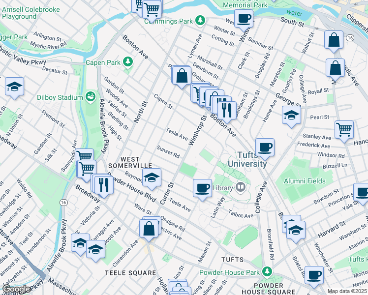 map of restaurants, bars, coffee shops, grocery stores, and more near 20 Tesla Avenue in Medford