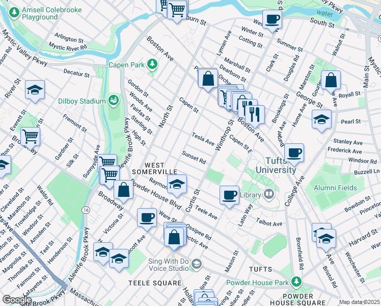 map of restaurants, bars, coffee shops, grocery stores, and more near 48 Upland Road in Somerville
