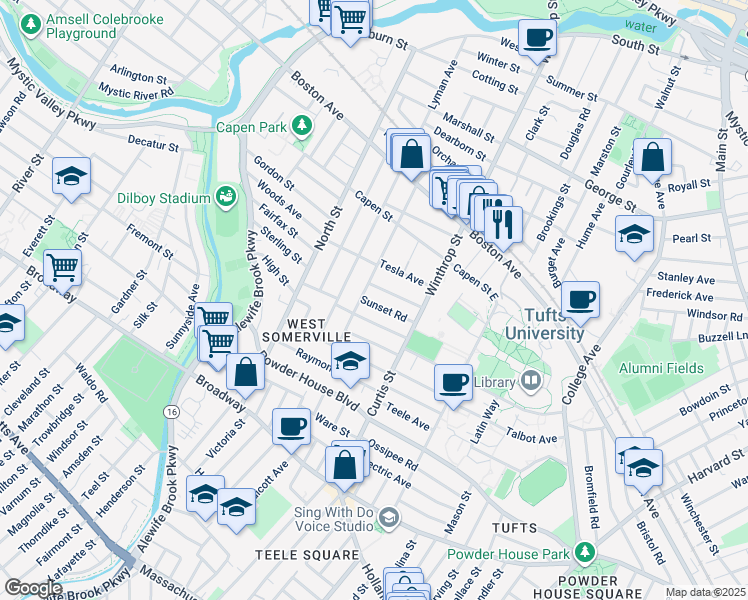 map of restaurants, bars, coffee shops, grocery stores, and more near 48 Upland Road in Somerville