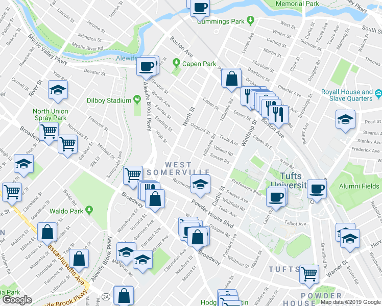 map of restaurants, bars, coffee shops, grocery stores, and more near 106 Adams Street in Somerville
