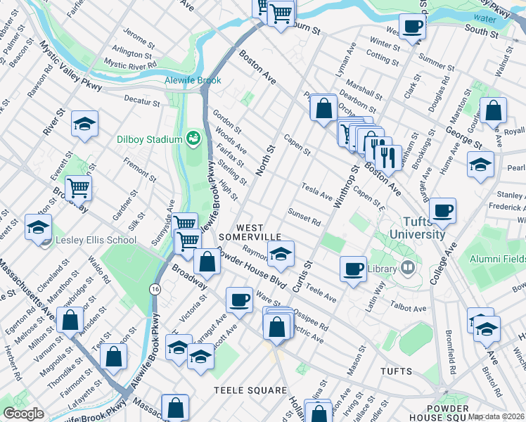 map of restaurants, bars, coffee shops, grocery stores, and more near 106 Adams Street in Somerville