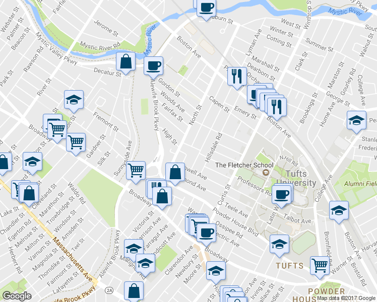 map of restaurants, bars, coffee shops, grocery stores, and more near 121 North Street in Somerville