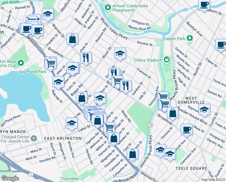 map of restaurants, bars, coffee shops, grocery stores, and more near 88 Broadway in Arlington