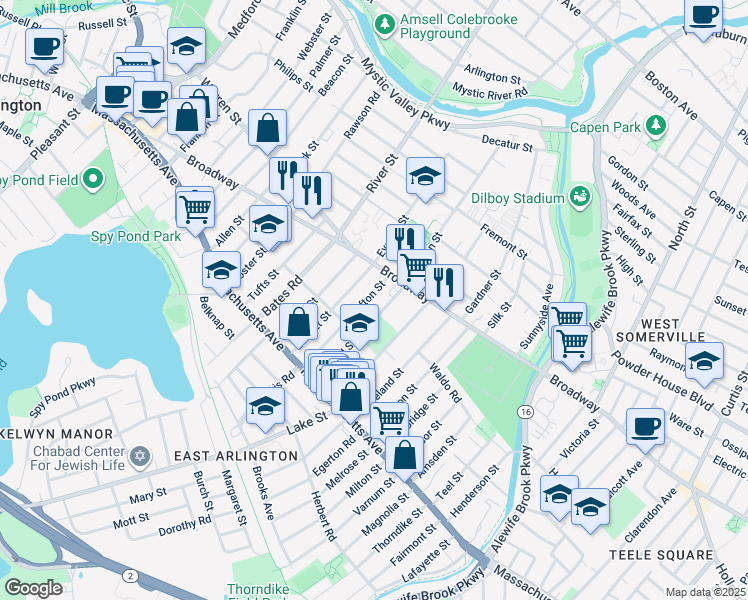 map of restaurants, bars, coffee shops, grocery stores, and more near 105 Grafton Street in Arlington