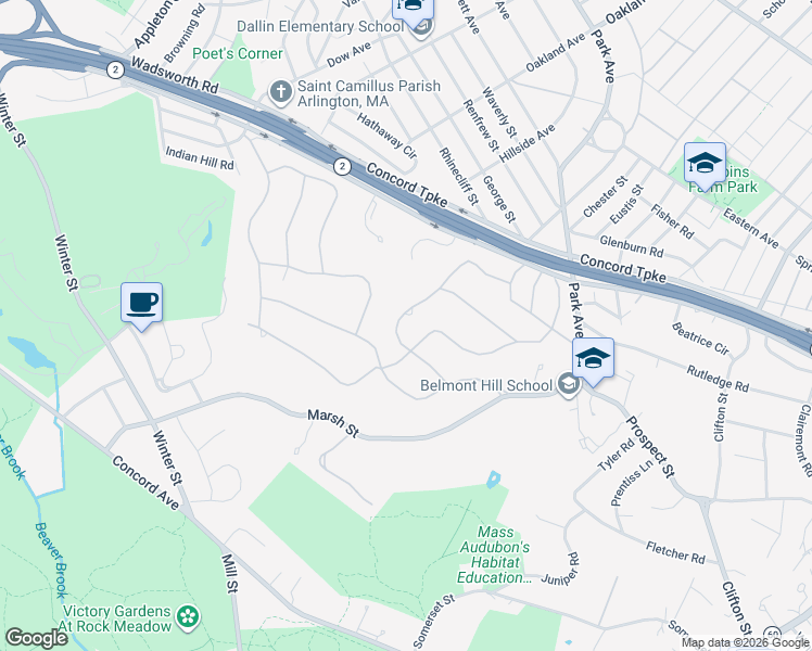 map of restaurants, bars, coffee shops, grocery stores, and more near 66 Crestview Road in Belmont