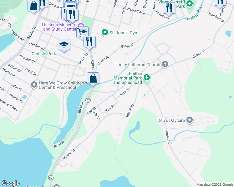 map of restaurants, bars, coffee shops, grocery stores, and more near 147 1/2 Oak Street in Clinton