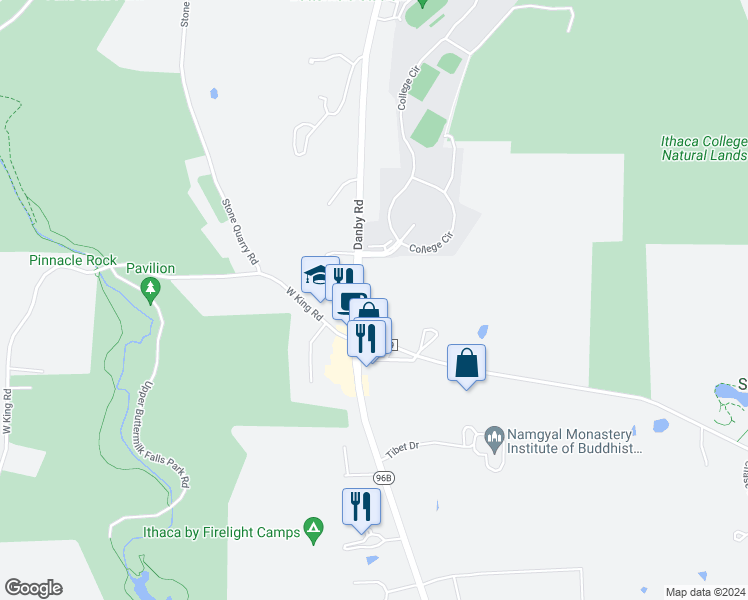 map of restaurants, bars, coffee shops, grocery stores, and more near 1050 New York 96B in Ithaca