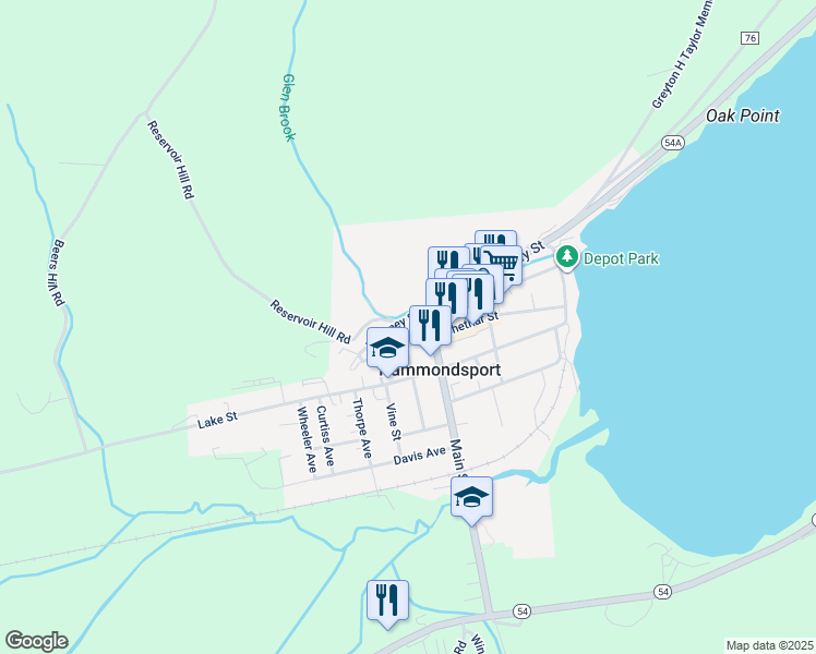 map of restaurants, bars, coffee shops, grocery stores, and more near 57 Main Street in Hammondsport