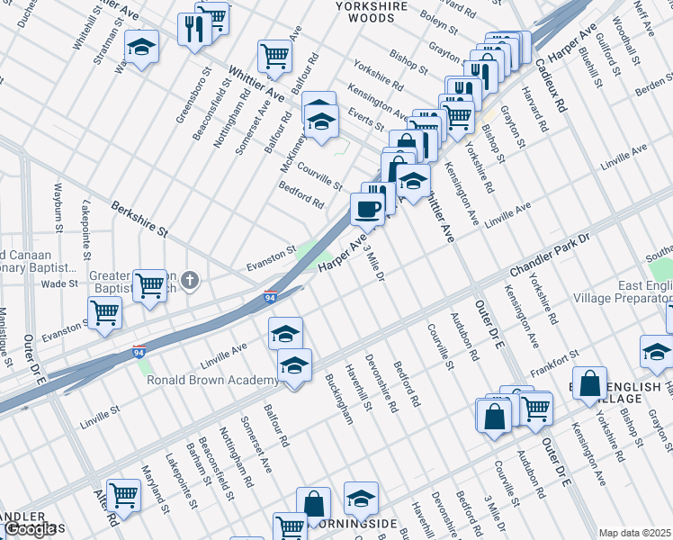map of restaurants, bars, coffee shops, grocery stores, and more near 16121 Harper Avenue in Detroit