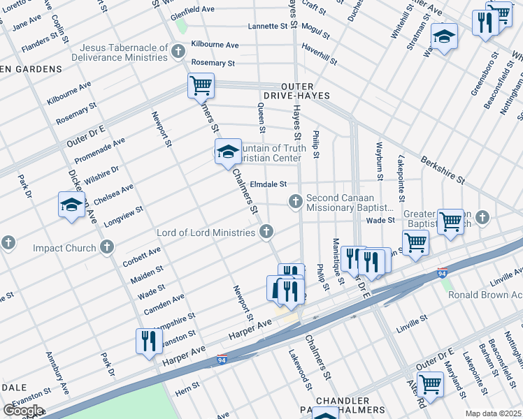 map of restaurants, bars, coffee shops, grocery stores, and more near 14901 Corbett Avenue in Detroit