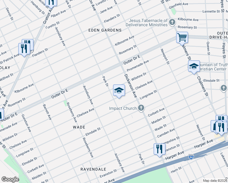 map of restaurants, bars, coffee shops, grocery stores, and more near 12750 Wilshire Drive in Detroit